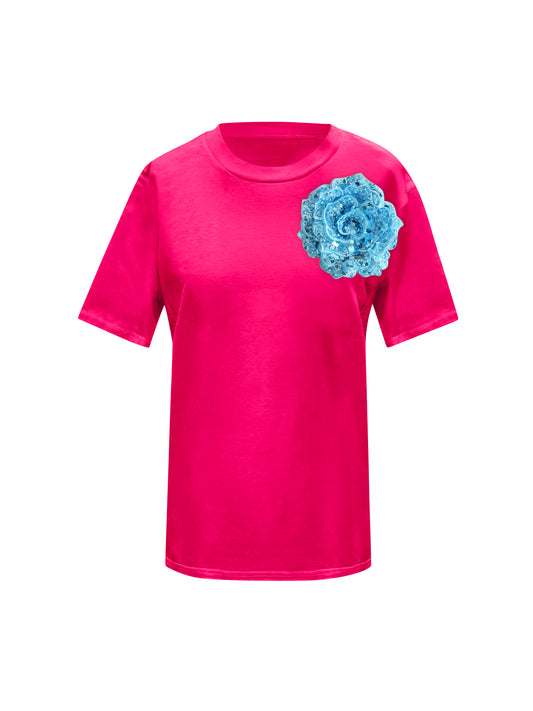 Pink Cotton Toma T-Shirt With Sequin Flower