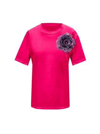 Pink Cotton Toma T-Shirt With Sequin Flower