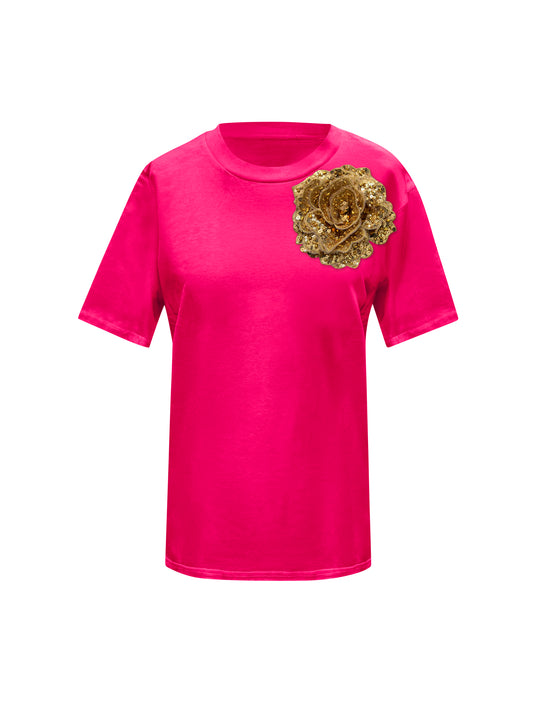 Pink Cotton T-Shirt With Sequin Flower