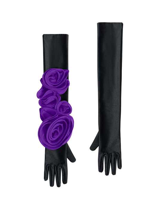 Chic Black Gloves With Purple Roses