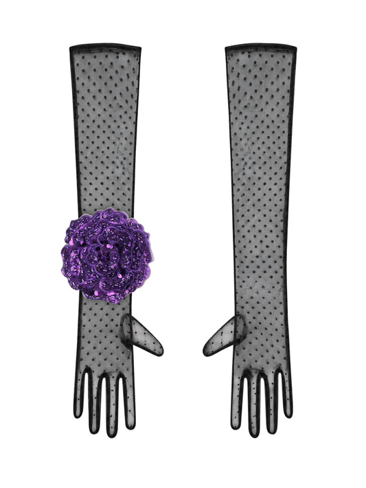 Long Black Polka Dot Gloves With Purple Sequin Rose