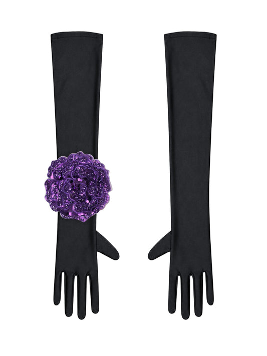 Black Evening Chic Gloves With Purple Sequin Rose