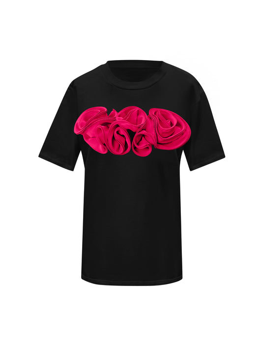Flower Summer Black Cotton T-Shirt With Pink Central Roses