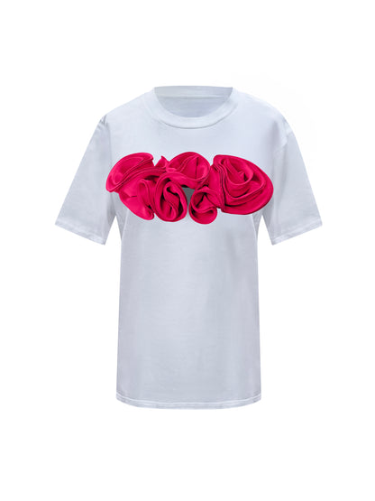 Flower Summer White Cotton T-Shirt With Pink Central Roses