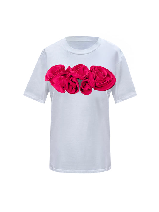 Flower Summer White Cotton T-Shirt With Pink Central Roses