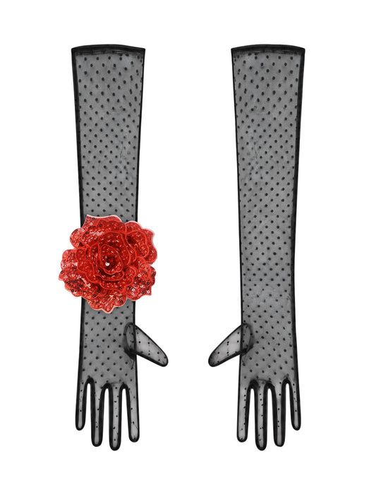 Long Black Polka Dot Gloves With Red Sequin Rose