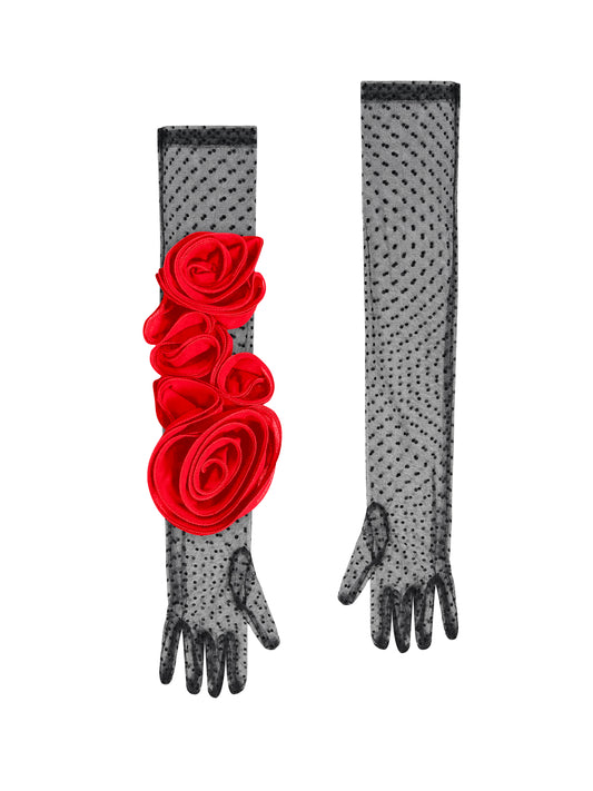 Long Polka Dot Lace Black And Red Gloves