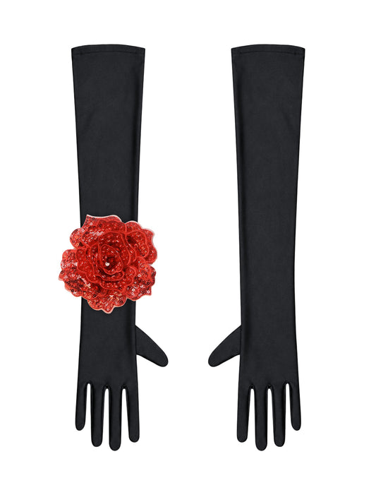 Black Evening Chic Gloves With Red Sequin Rose