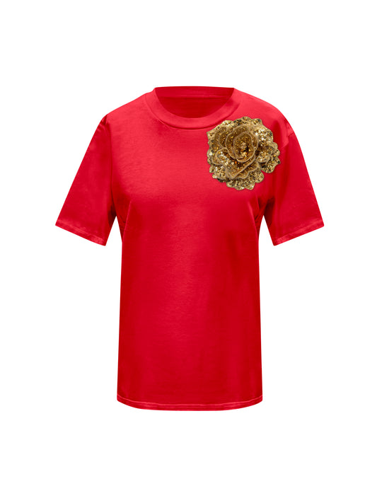 Red Cotton T-Shirt With Sequin Flower