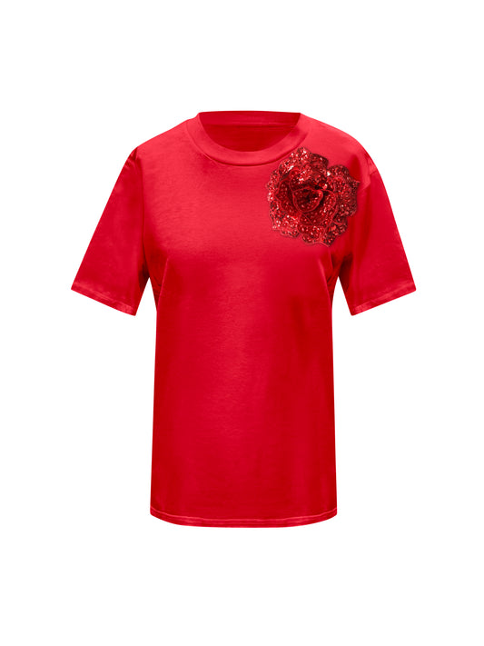 Red Cotton T-Shirt With Sequin Flower