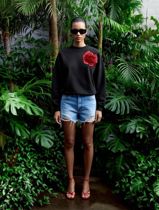 Black Cotton Sweatshirt With Red Sequin Flower