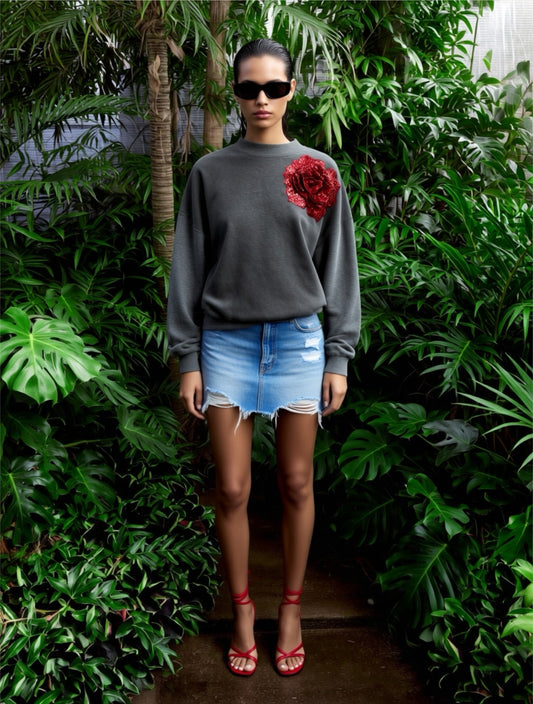 Grey Cotton Sweatshirt With Red Sequin Flower