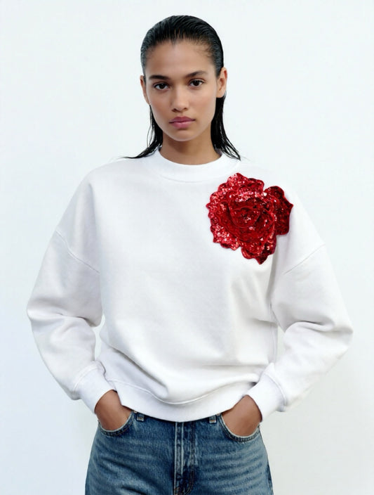 White Cotton Sweatshirt With Red Sequin Flower