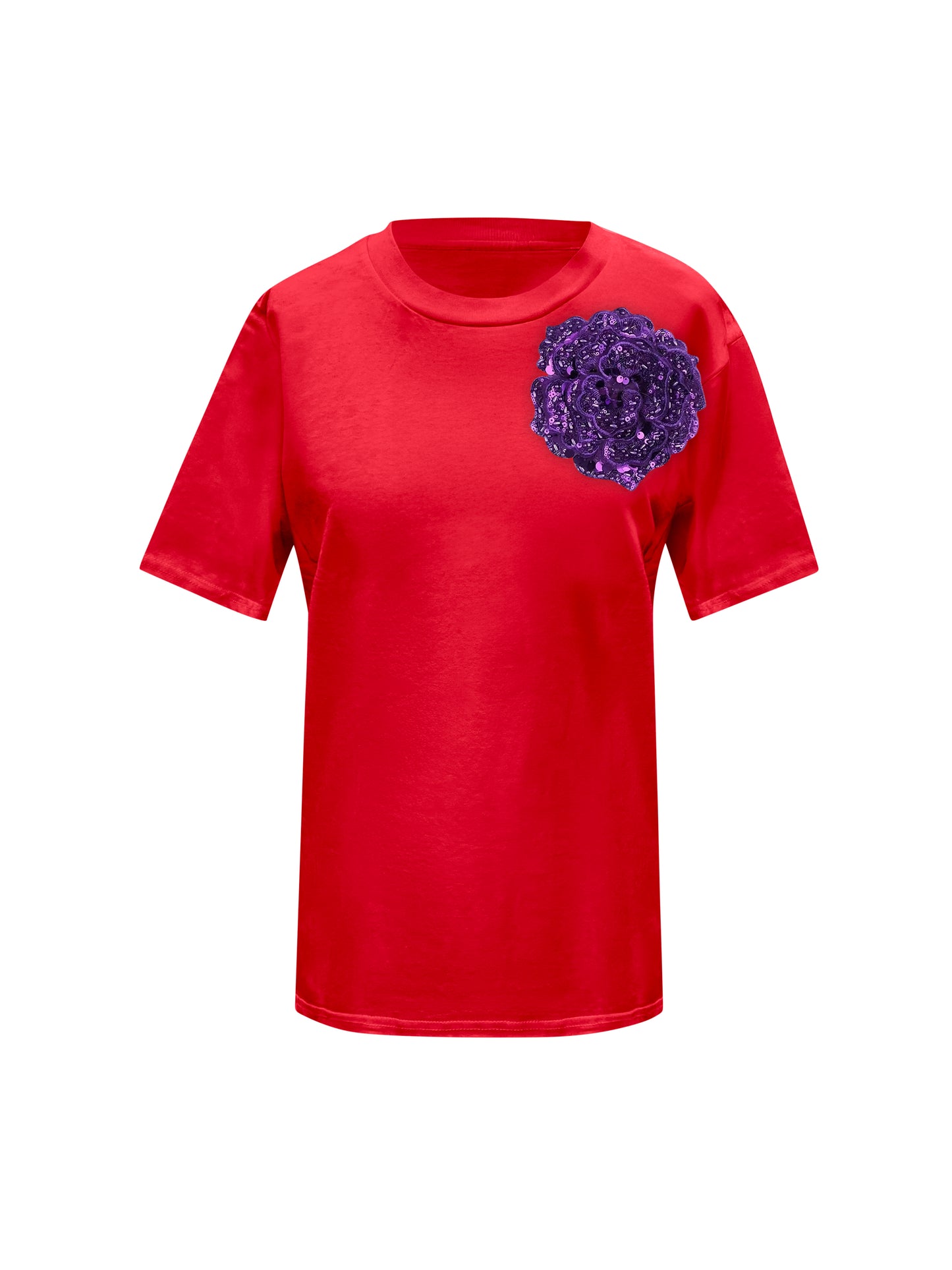 Red Cotton Toma T-Shirt With Sequin Flower