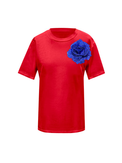 Red Cotton Toma T-Shirt With Sequin Flower
