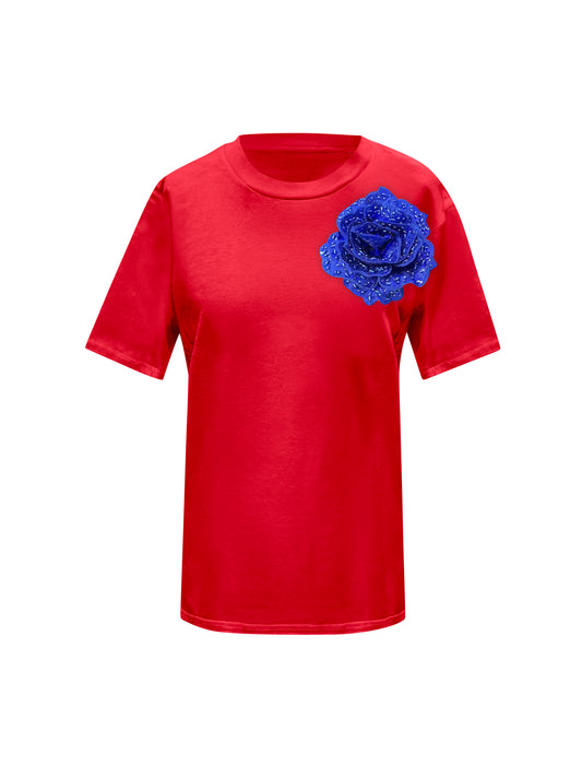 Red Cotton Toma T-Shirt With Sequin Flower