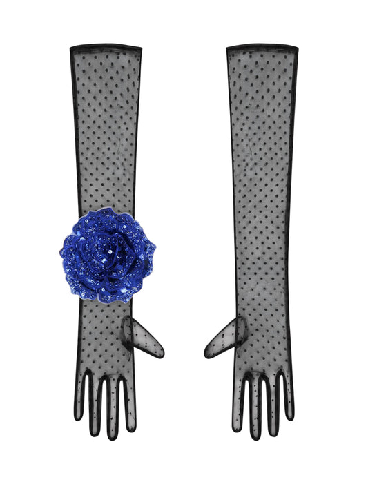 Long Black Polka Dot Gloves With Royal Blue  Sequin Rose