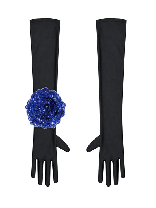Black Evening Chic Gloves With Royal Blue Sequin Rose