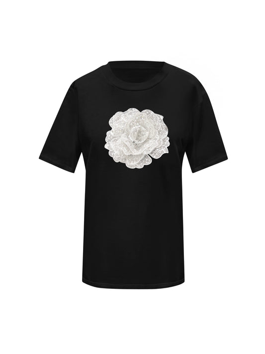 Summer Black Cotton T-Shirt With White Sequin Rose