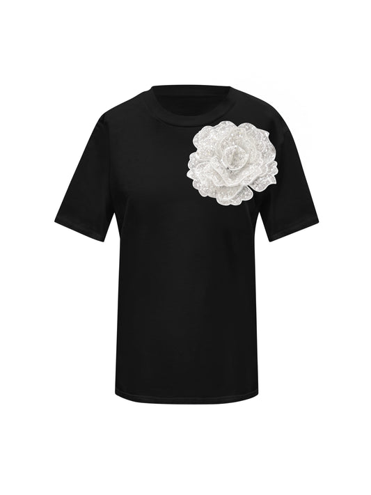 Summer Black Cotton T-Shirt With White Sided Rose