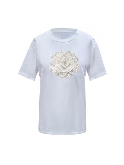 Summer Cotton T-Shirt With White Middle Sequin Rose