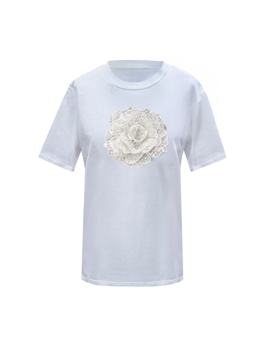 Summer Cotton T-Shirt With White Middle Sequin Rose