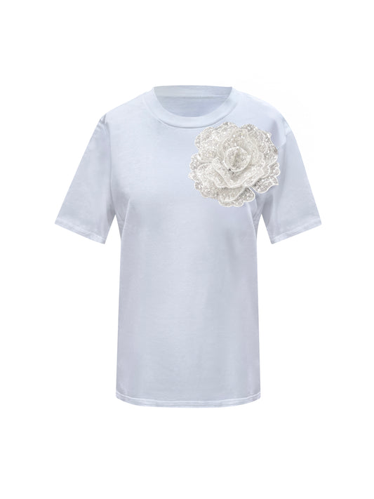 Summer Cotton T-Shirt With White Side Sequin Rose