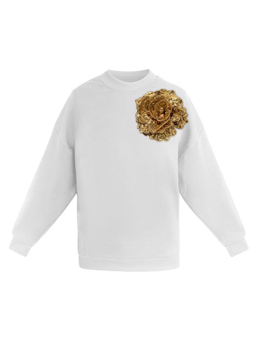 White Cotton Sweatshirt With Gold Sequin Flower