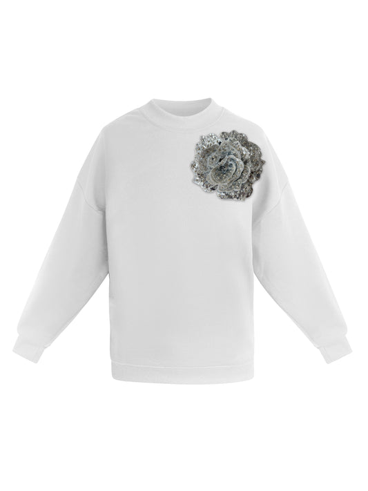 White Cotton Sweatshirt With Silver Sequin Flower