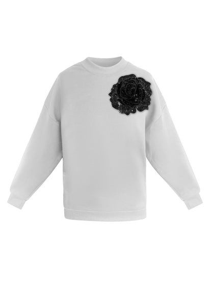 White Cotton Sweatshirt With Black Sequin Flower