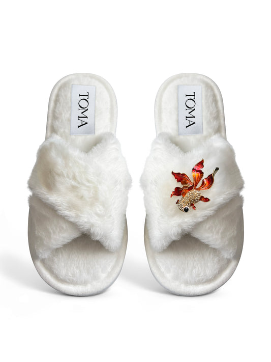 Classic Toma Faux Fur Open Toe Fish Rhinestone Slippers