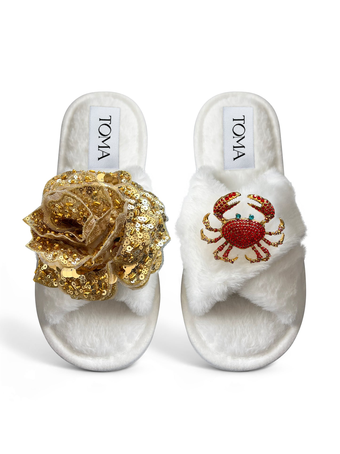 Classic Toma Faux Fur Open Toe Gold Sequin Flower And Crab Slippers