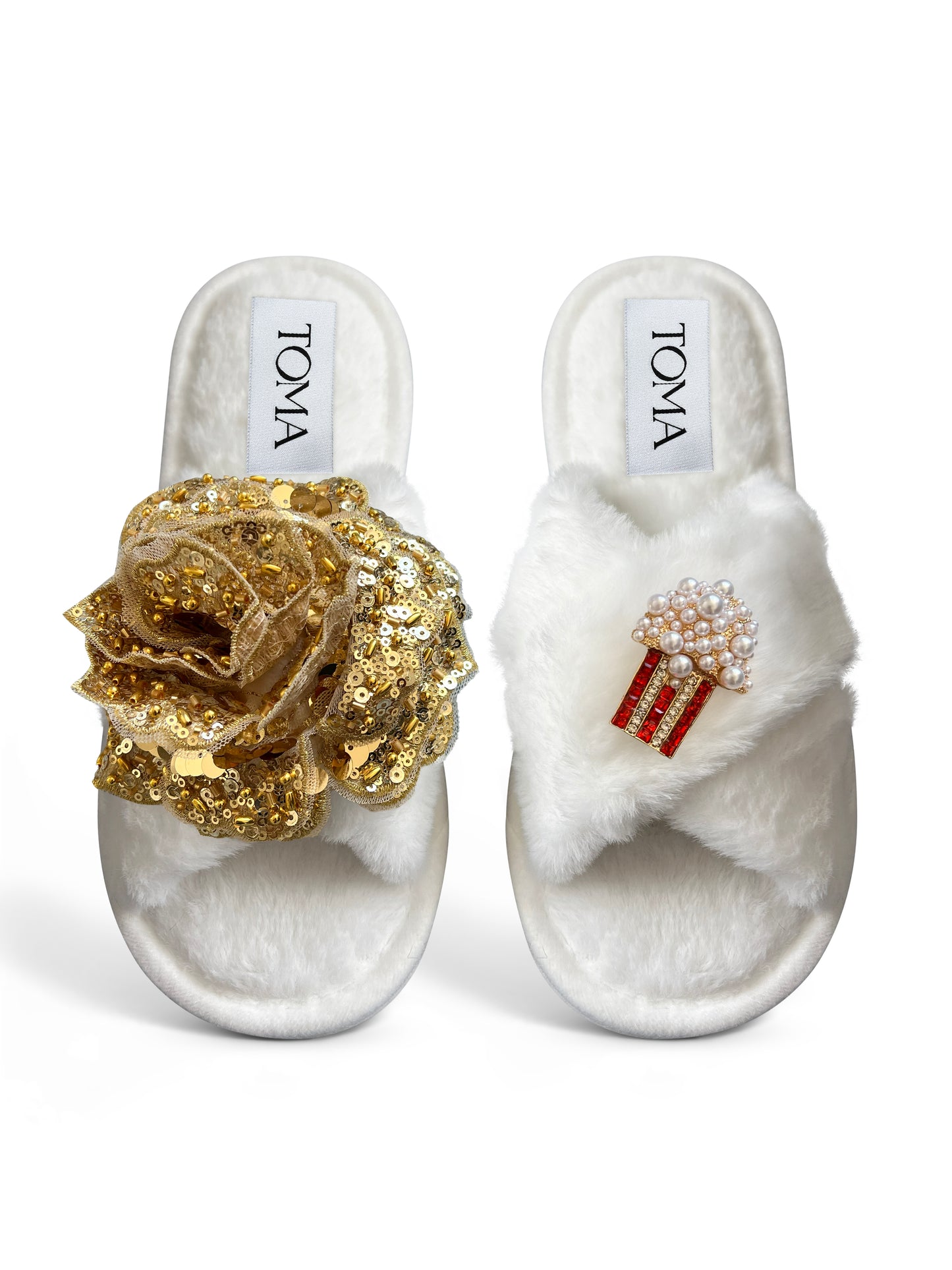 Classic Toma Faux Fur Open Toe Gold Sequin And Popcorn Slippers
