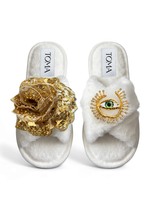 Classic Toma Open Toe Gold Sequin Flower And Green Eye Slippers