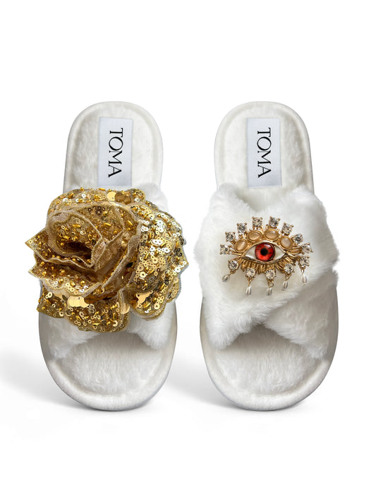 Classic Toma Open Toe Gold Sequin Flower And Red Eye Slippers