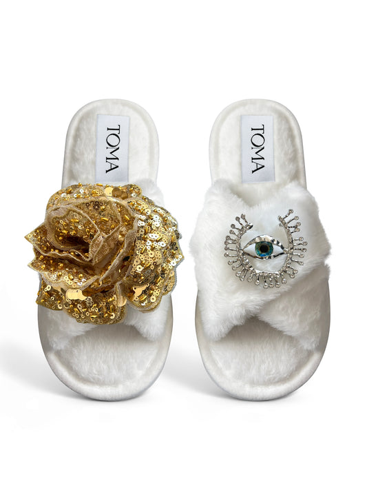 Classic Toma Open Toe Gold Sequin Flower And Silver Eye Slippers