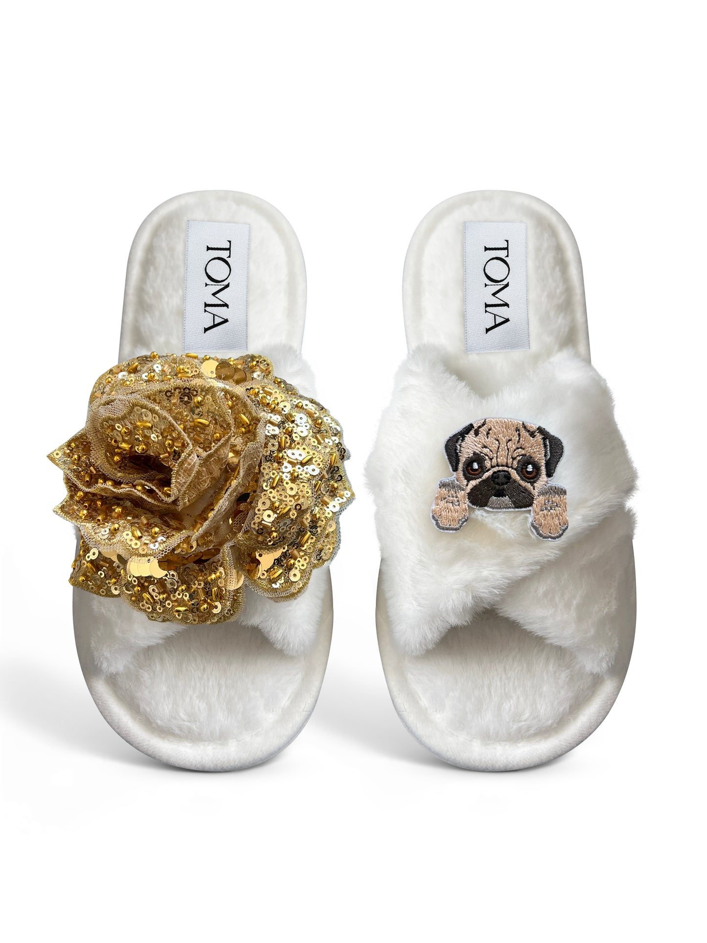 Classic Toma Open Toe Gold Sequin Flower And Dog Two Slippers