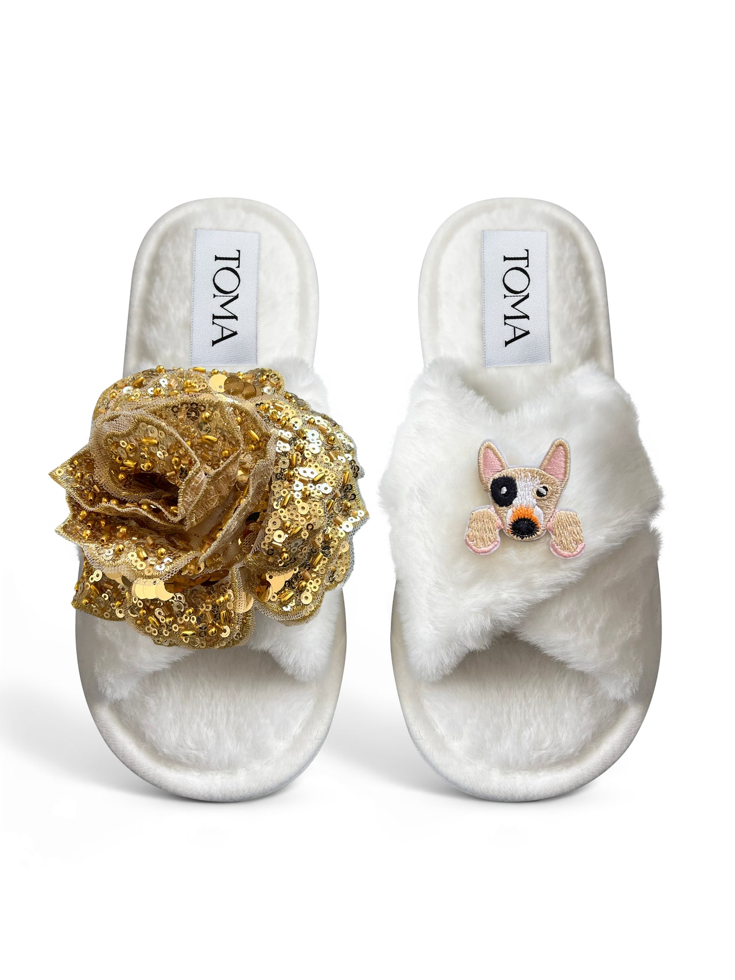 Classic Toma Open Toe Gold Sequin Flower And Dog Three Slippers