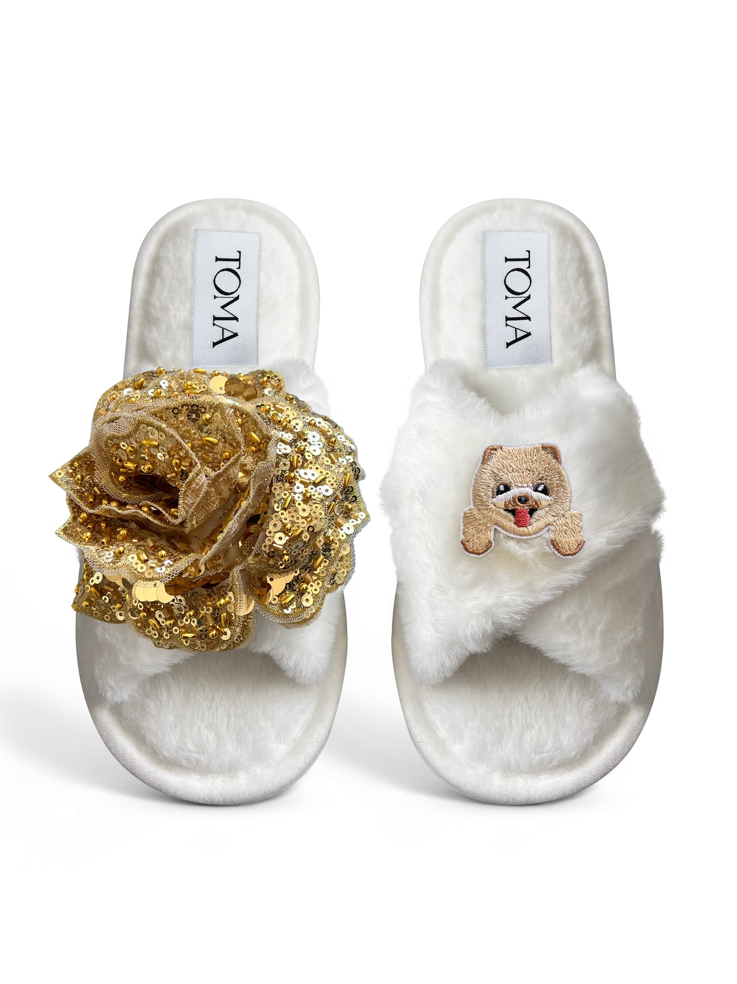Classic Toma Open Toe Gold Sequin Flower And Dog Four Slippers