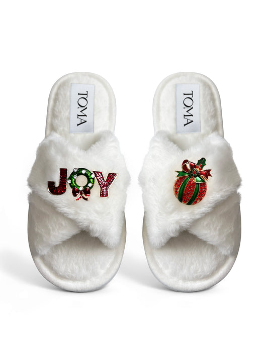 Classic Toma Faux Fur Open Toe Christmas Joy Slippers