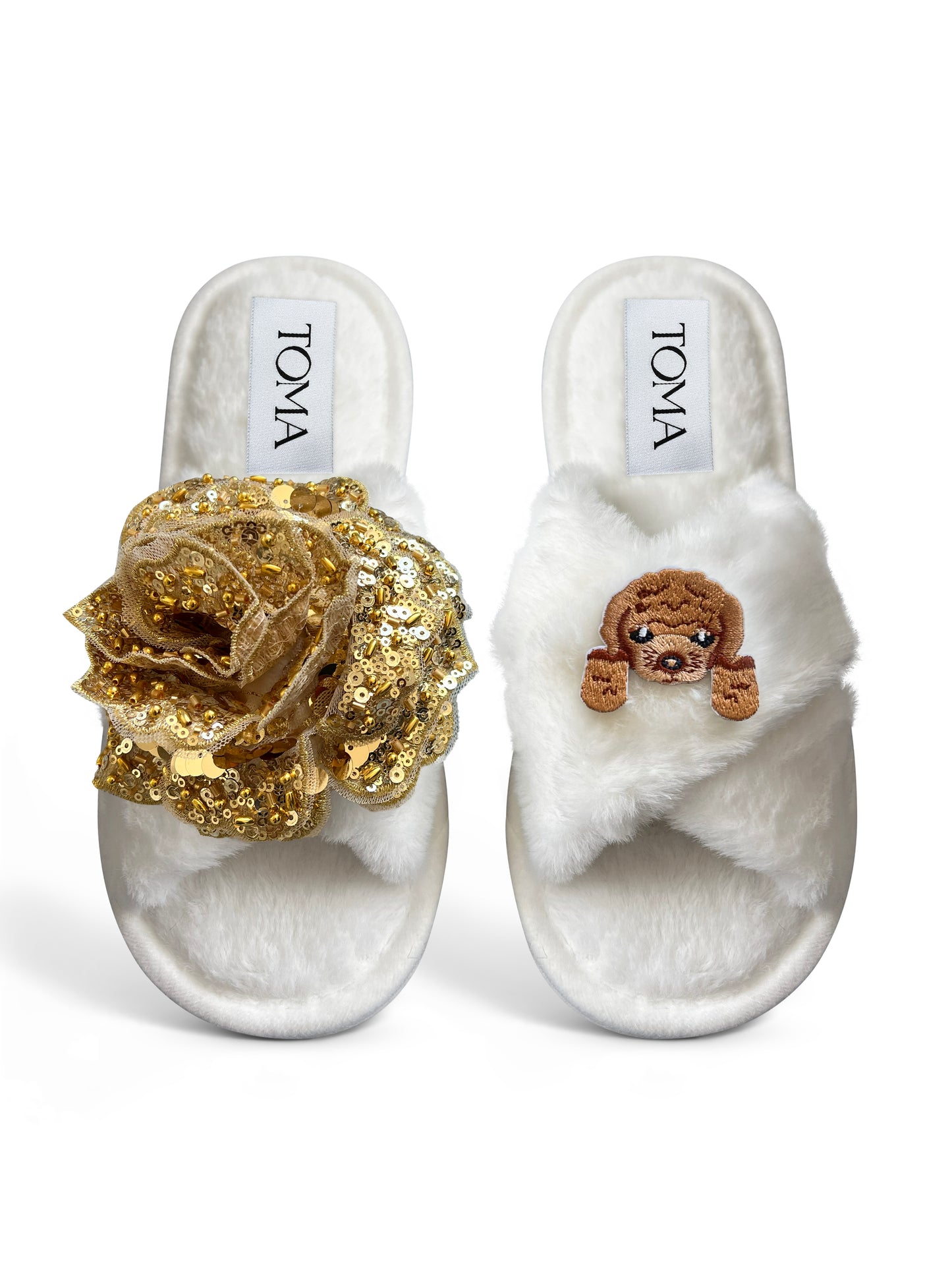 Classic Toma Open Toe Gold Sequin Flower And Dog Five Slippers