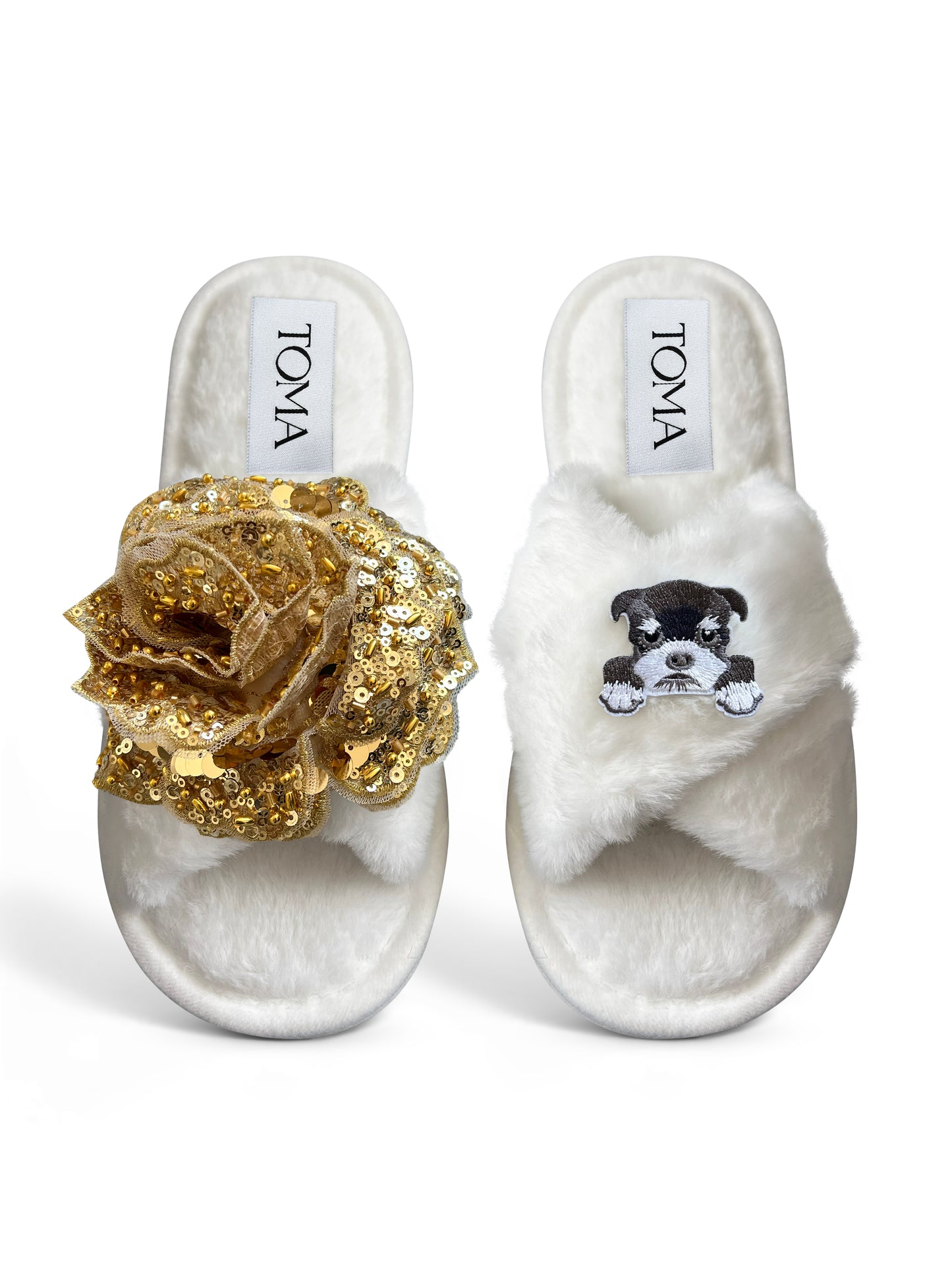 Classic Toma Open Toe Gold Sequin Flower And Dog Six Slippers