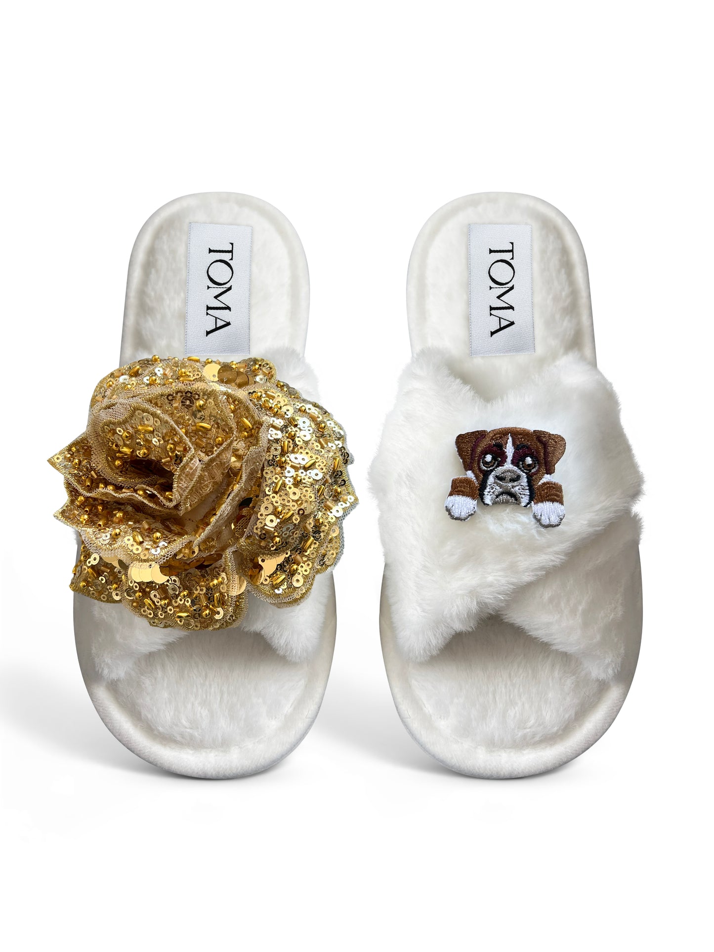 Classic Toma Open Toe Gold Sequin Flower And Dog Eight Slippers