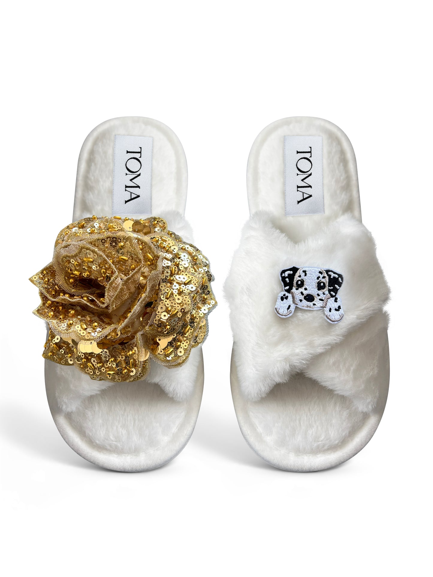 Classic Toma Open Toe Gold Sequin Flower And Dog Nine Slippers