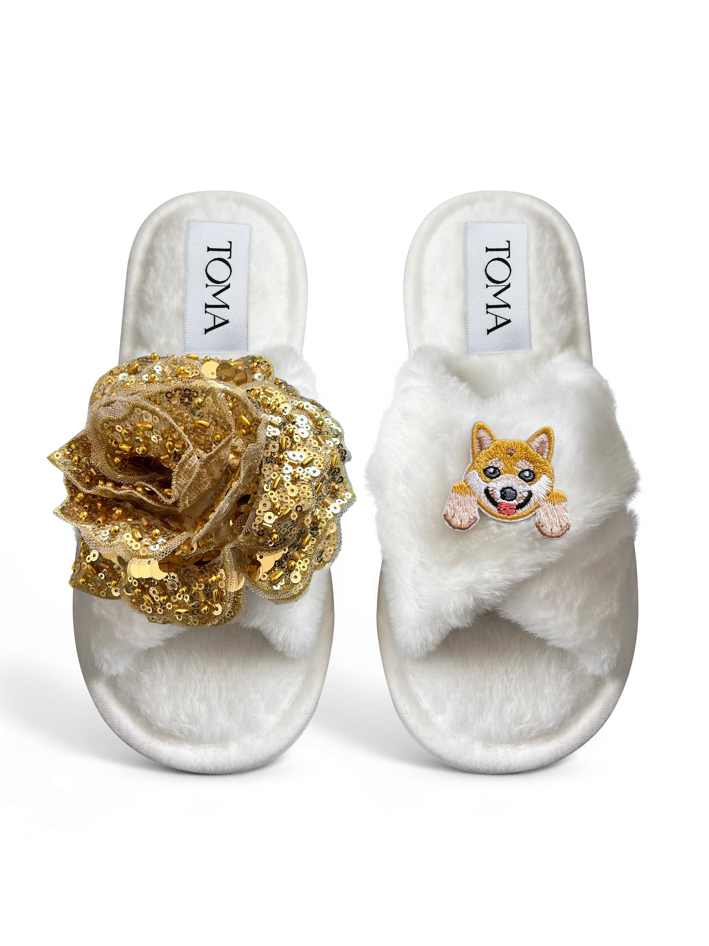 Classic Toma Open Toe Gold Sequin Flower And Dog Ten Slippers