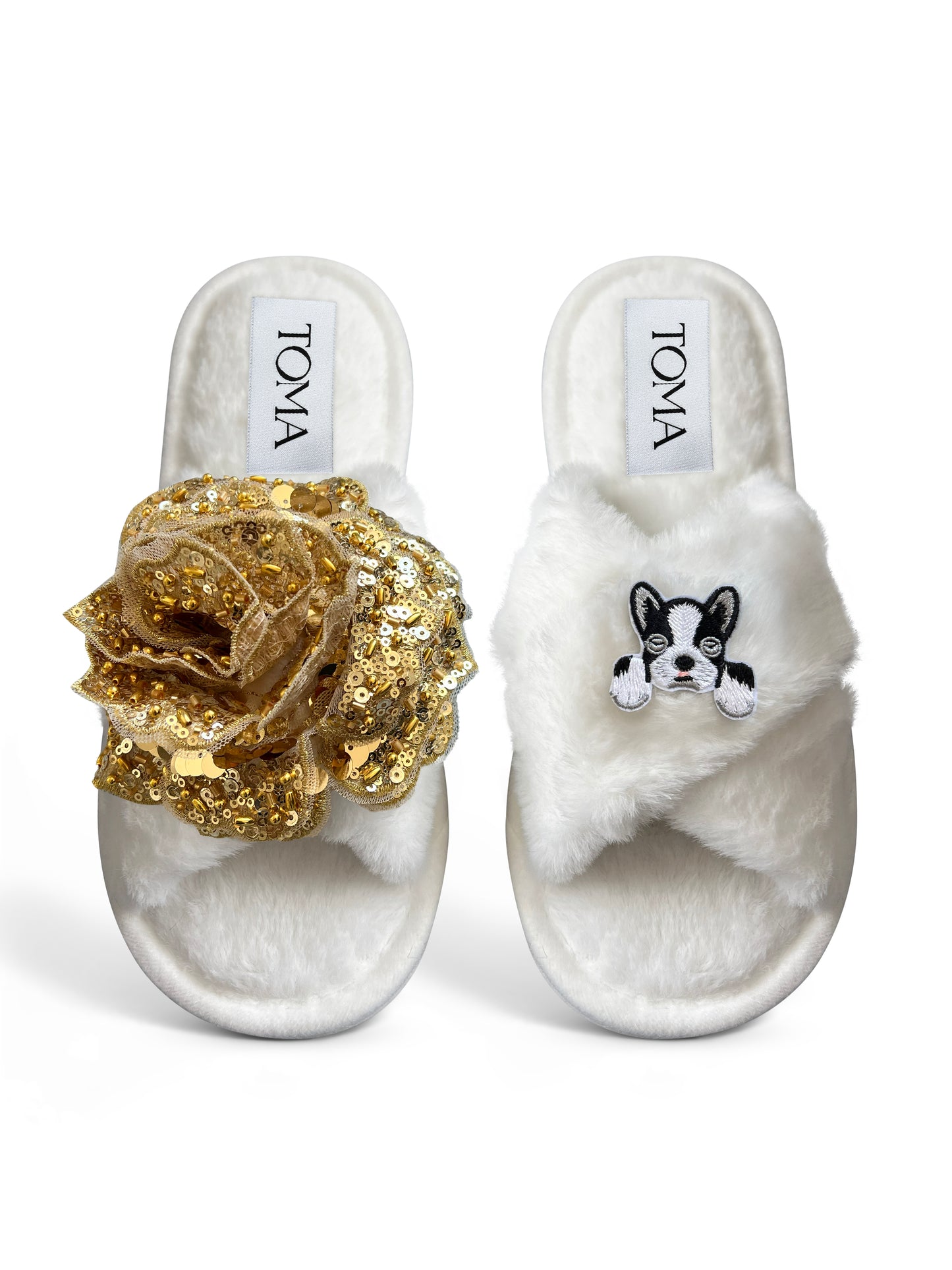 Classic Toma Open Toe Gold Sequin Flower And Dog Eleven Slippers