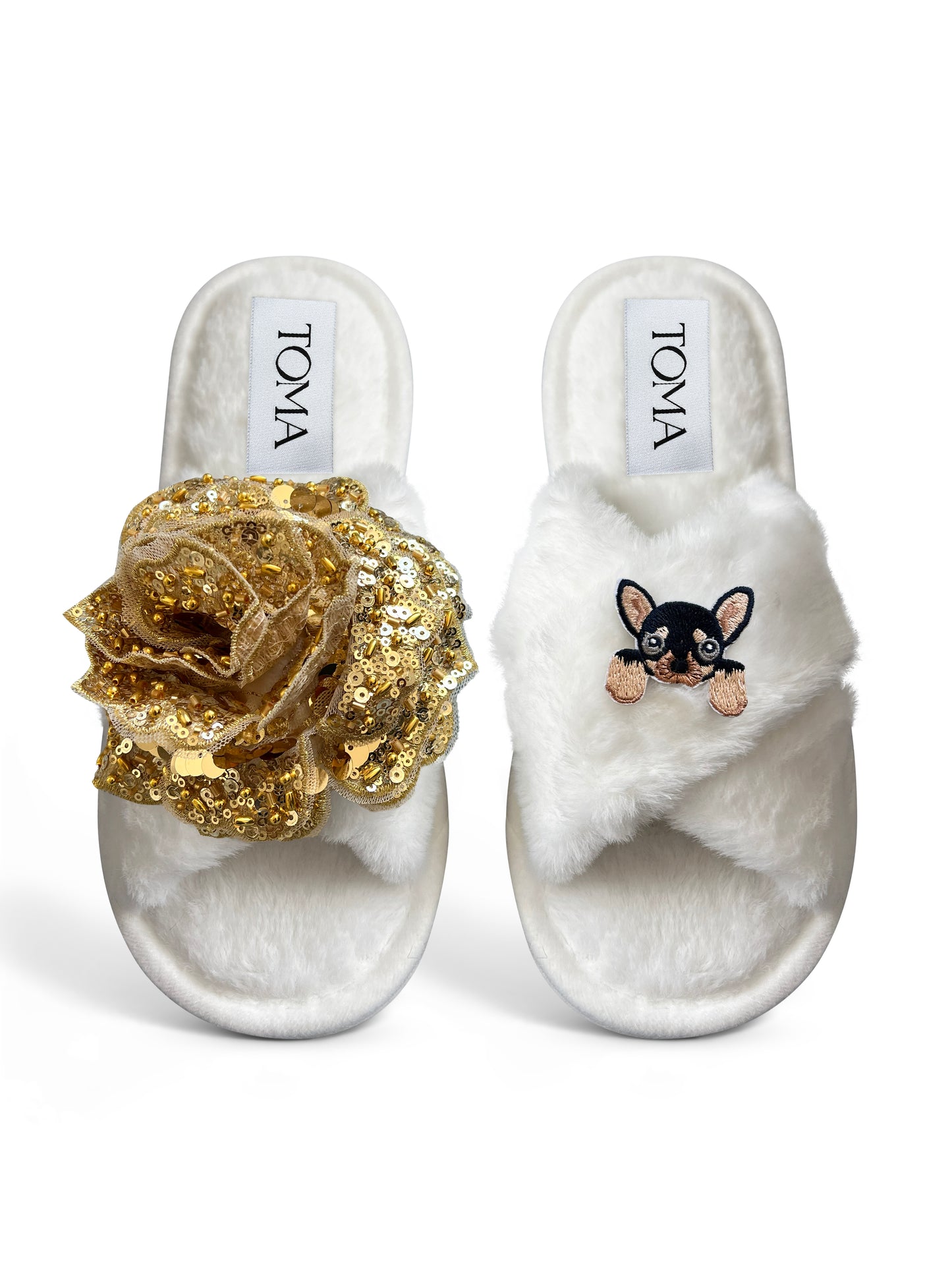 Classic Toma Open Toe Gold Sequin Flower And Dog Twelve Slippers