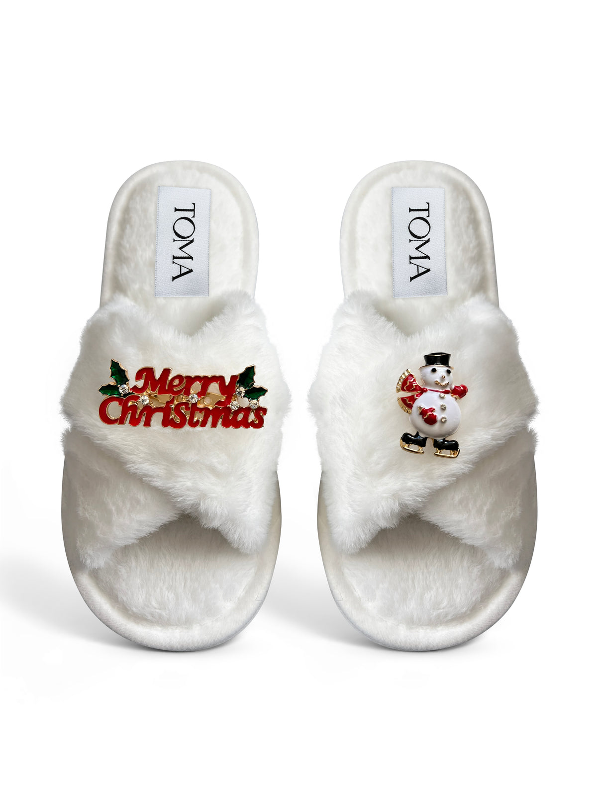 Classic Toma Faux Fur Open Toe Merry Christmas Slippers