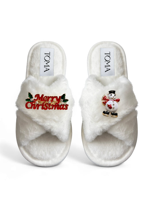 Classic Toma Faux Fur Open Toe Merry Christmas Slippers
