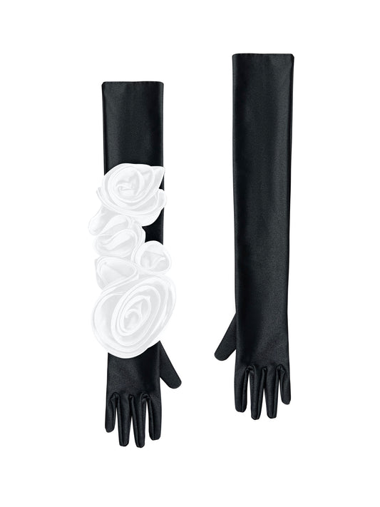 Chic Black Gloves With White Roses
